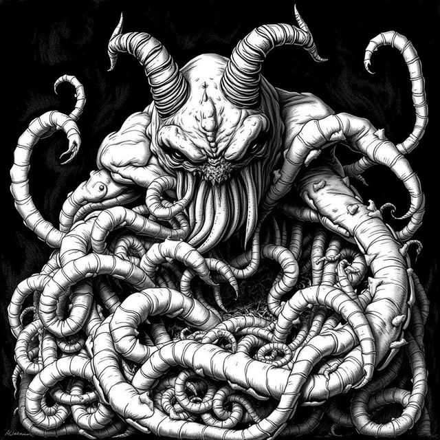 A grotesque illustration of a demon that manifests as a writhing mass of maggots, creating a disturbing and unsettling effect