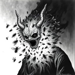 A sinister illustration of a faceless demon taking the form of a swirling mass of flies, creating an unsettling and grotesque effect