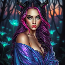 An exotic succubus with enchanting features, draped in iridescent, flowing garments that shimmer in shades of purple and blue, revealing hints of her alluring silhouette
