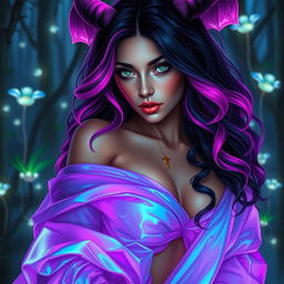 An exotic succubus with enchanting features, draped in iridescent, flowing garments that shimmer in shades of purple and blue, revealing hints of her alluring silhouette