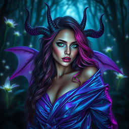 An exotic succubus with enchanting features, draped in iridescent, flowing garments that shimmer in shades of purple and blue, revealing hints of her alluring silhouette