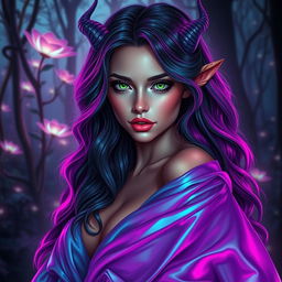 An exotic succubus with enchanting features, draped in iridescent, flowing garments that shimmer in shades of purple and blue, revealing hints of her alluring silhouette