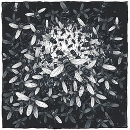 A detailed and eerie illustration of a swirling mass of flies, capturing their chaotic movement and dark, ominous presence