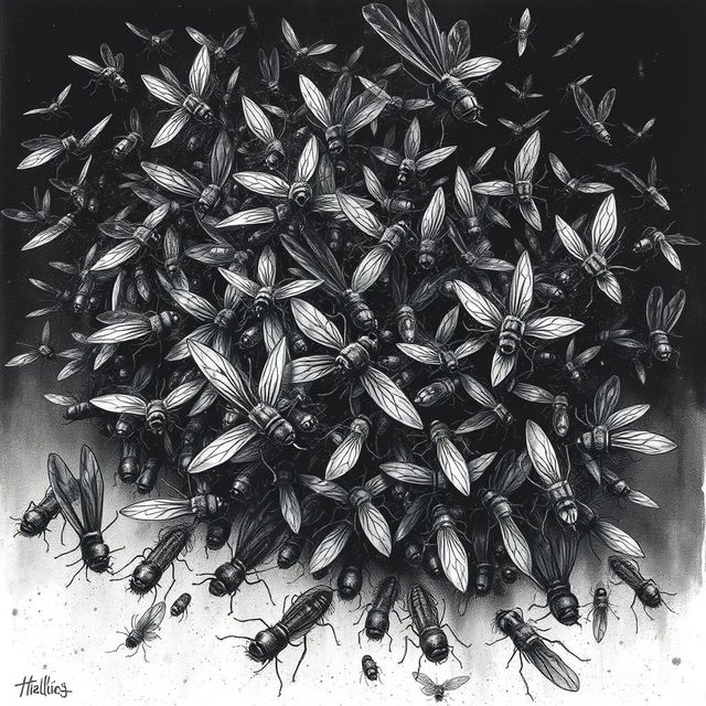 A detailed and eerie illustration of a swirling mass of flies, capturing their chaotic movement and dark, ominous presence