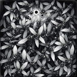 A detailed and eerie illustration of a swirling mass of flies, capturing their chaotic movement and dark, ominous presence