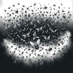 A haunting illustration of a dense cloud of flies, capturing their chaotic movement as they swarm in an unsettling formation