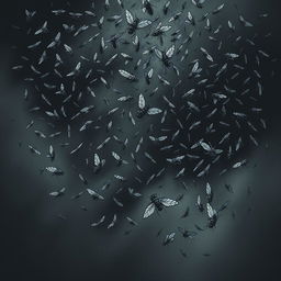A haunting illustration of a dense cloud of flies, capturing their chaotic movement as they swarm in an unsettling formation