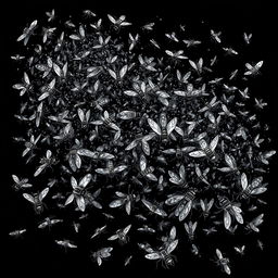 A haunting illustration of a dense cloud of flies, capturing their chaotic movement as they swarm in an unsettling formation