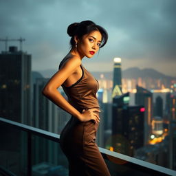 A stunning artistic portrayal of a female figure in an urban Hong Kong setting, focusing on the breathtaking skyline as a backdrop