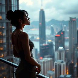 A stunning artistic portrayal of a female figure in an urban Hong Kong setting, focusing on the breathtaking skyline as a backdrop