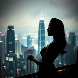 A stunning artistic portrayal of a female figure in an urban Hong Kong setting, focusing on the breathtaking skyline as a backdrop