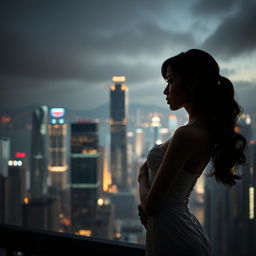 A stunning artistic portrayal of a female figure in an urban Hong Kong setting, focusing on the breathtaking skyline as a backdrop