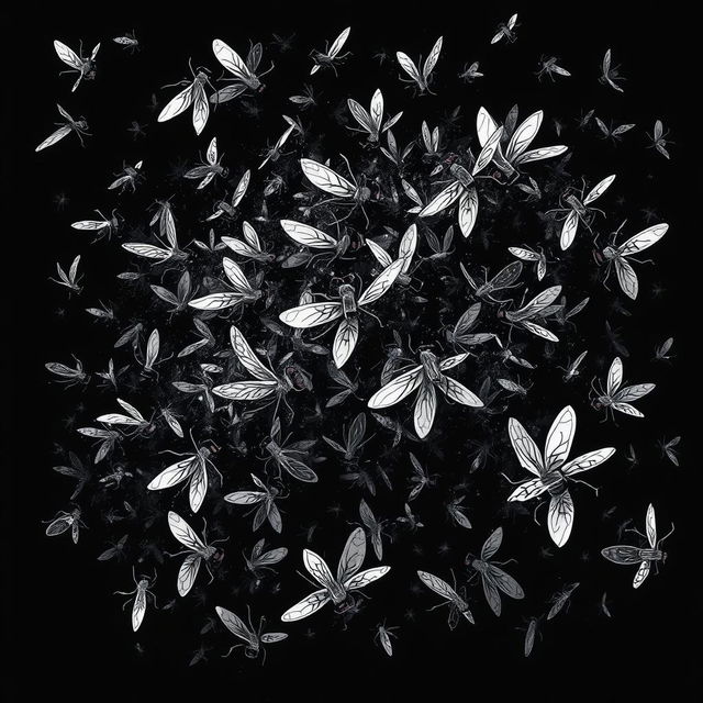 A dark and atmospheric illustration of a cloud of flies, capturing their chaotic and unsettling movement in a dense formation