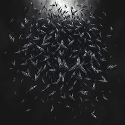 A dark and atmospheric illustration of a cloud of flies, capturing their chaotic and unsettling movement in a dense formation
