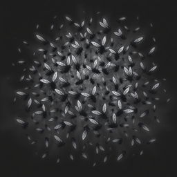 A dark and atmospheric illustration of a cloud of flies, capturing their chaotic and unsettling movement in a dense formation