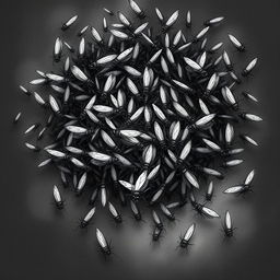 A dark and atmospheric illustration of a cloud of flies, capturing their chaotic and unsettling movement in a dense formation