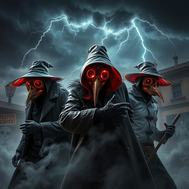 Artistic modern interpretations of plague doctors set in a dramatic and atmospheric scene