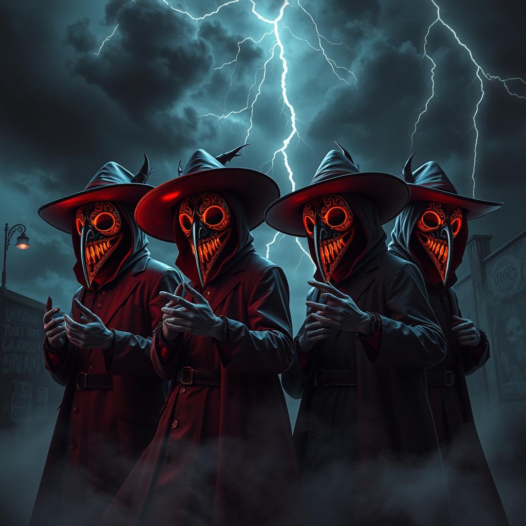 Artistic modern interpretations of plague doctors set in a dramatic and atmospheric scene