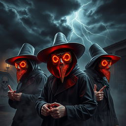Artistic modern interpretations of plague doctors set in a dramatic and atmospheric scene