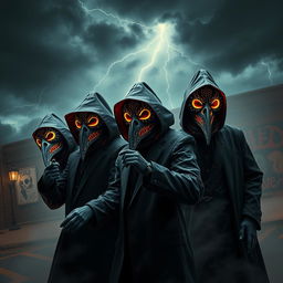 Artistic modern interpretations of plague doctors set in a dramatic and atmospheric scene