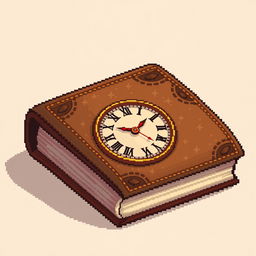 A detailed pixel art illustration of a brown book with a clock on the cover, showcasing intricate stitching along the edges and an ornate clock design that features Roman numerals