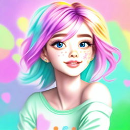 A playful, high-quality digital art portrait of a vibrant, youthful individual with sparkling eyes, colorful trendy hair, and unique accessories