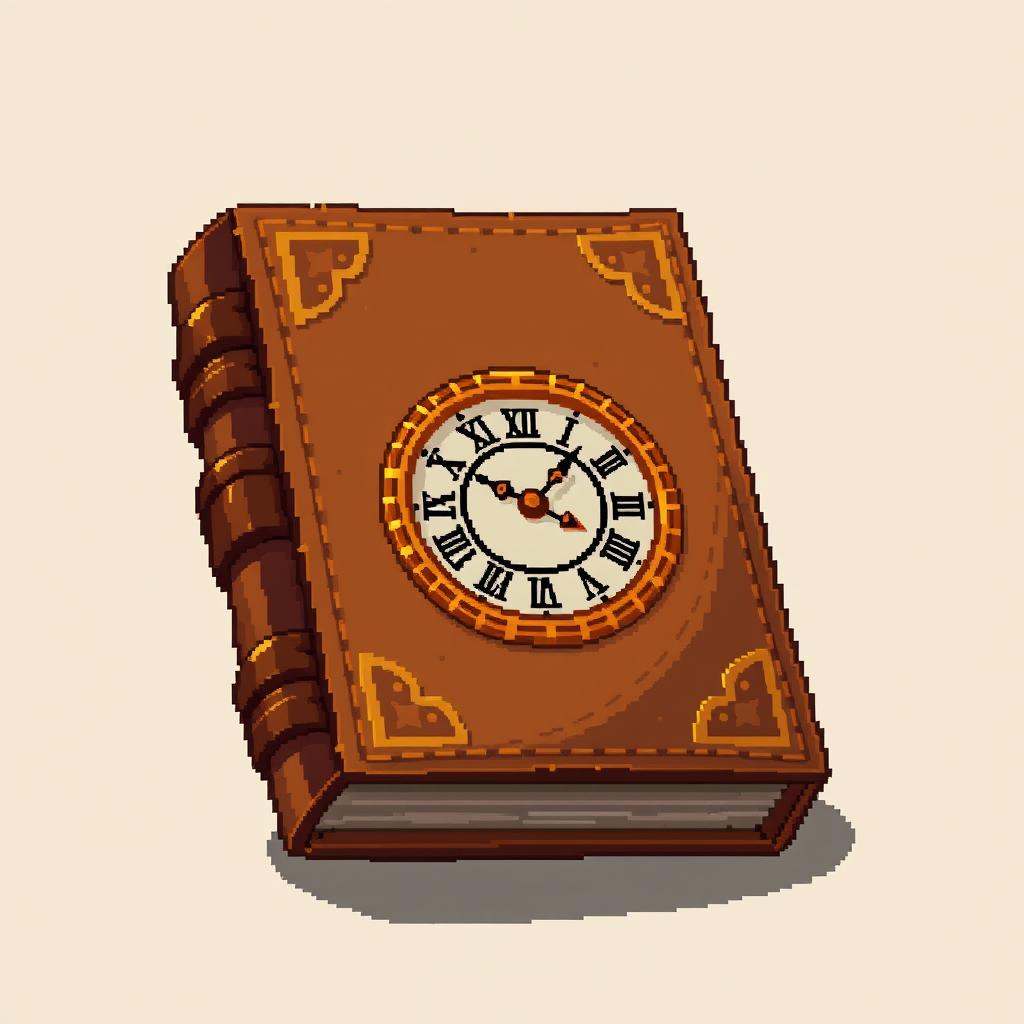 A detailed pixel art illustration of a brown book with a clock on the cover, showcasing intricate stitching along the edges and an ornate clock design that features Roman numerals