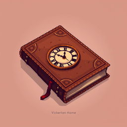 A detailed pixel art illustration of a brown book with a clock on the cover, showcasing intricate stitching along the edges and an ornate clock design that features Roman numerals