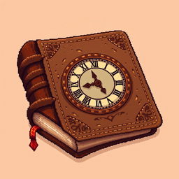 A detailed pixel art illustration of a brown book with a clock on the cover, showcasing intricate stitching along the edges and an ornate clock design that features Roman numerals