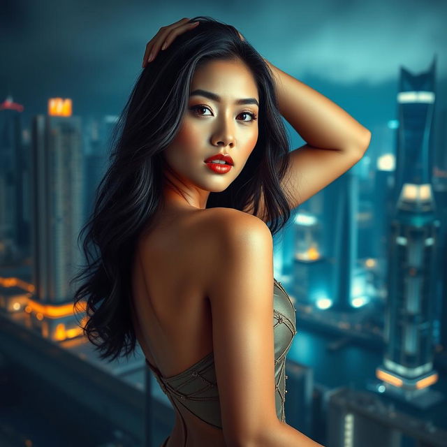 A stunning art piece capturing the allure of a mesmerizing Asian woman posing gracefully in an artistic setting of Hong Kong