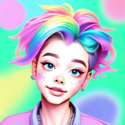 A playful, high-quality digital art portrait of a vibrant, youthful individual with sparkling eyes, colorful trendy hair, and unique accessories