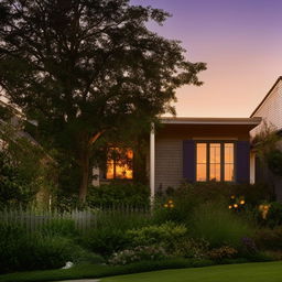 A cozy, welcoming home at sunset with a front garden, picket fence, and luscious greenery. The warm lights from the windows suggest a feeling of far-off comfort.