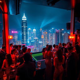 A vibrant nightlife scene in Hong Kong, showcasing a stylish bar filled with elegantly dressed people enjoying cocktails and lively conversations