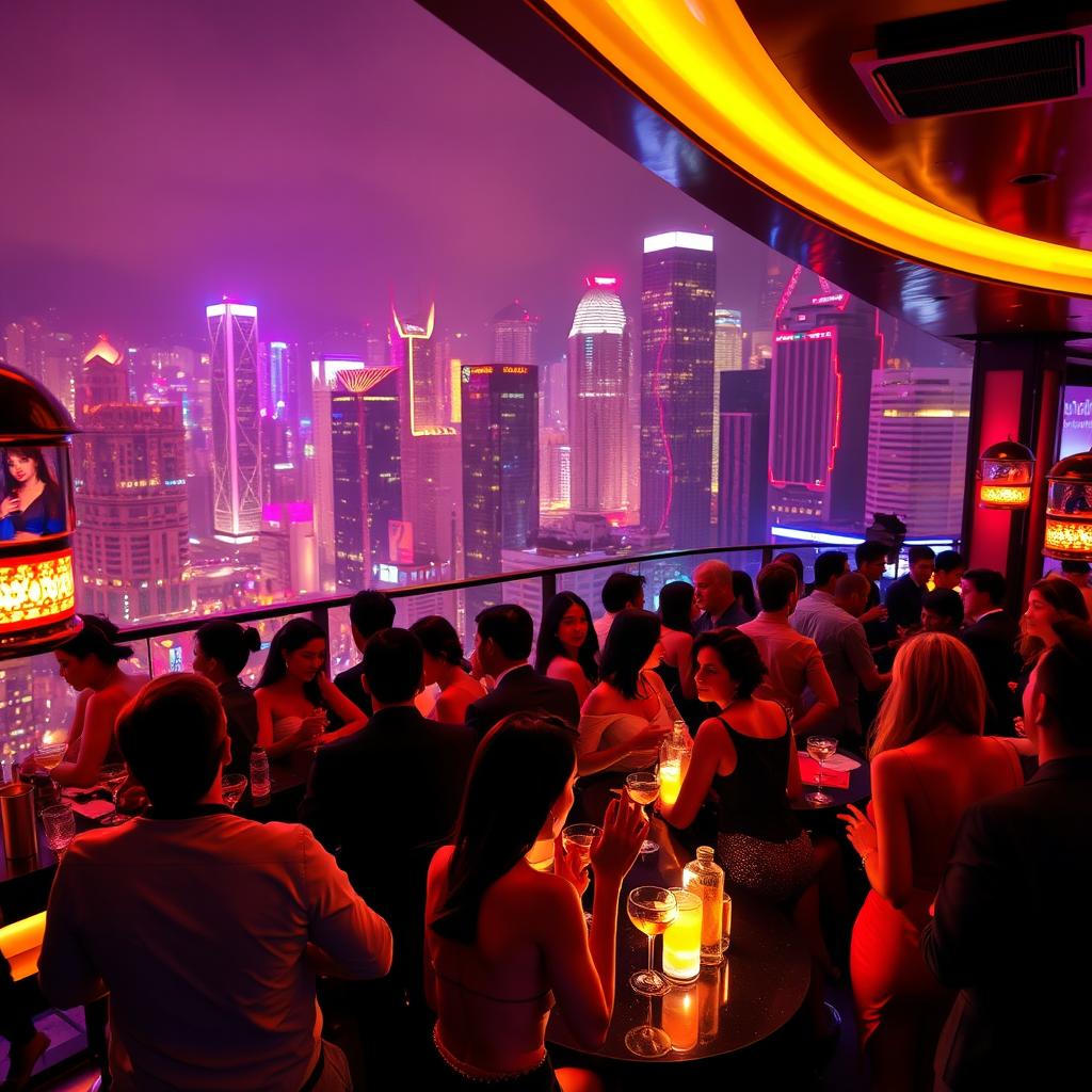 A vibrant nightlife scene in Hong Kong, showcasing a stylish bar filled with elegantly dressed people enjoying cocktails and lively conversations