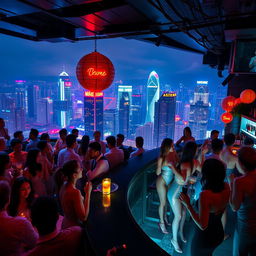A vibrant nightlife scene in Hong Kong, showcasing a stylish bar filled with elegantly dressed people enjoying cocktails and lively conversations