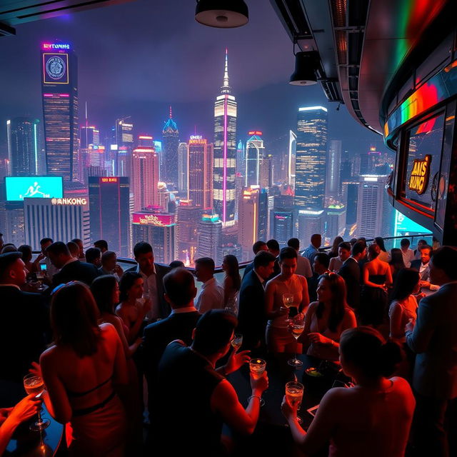 A vibrant nightlife scene in Hong Kong, showcasing a stylish bar filled with elegantly dressed people enjoying cocktails and lively conversations