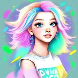 A playful, high-quality digital art portrait of a vibrant, youthful individual with sparkling eyes, colorful trendy hair, and unique accessories