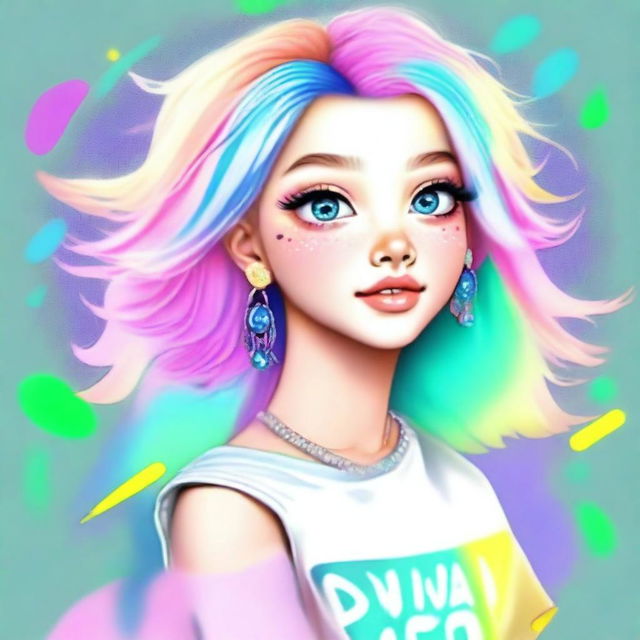 A playful, high-quality digital art portrait of a vibrant, youthful individual with sparkling eyes, colorful trendy hair, and unique accessories