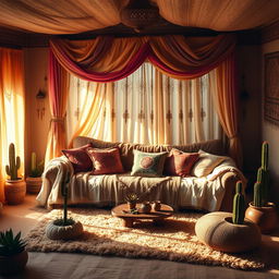 A fantasy-themed bedroom with a cozy desert ambiance