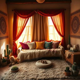 A fantasy-themed bedroom with a cozy desert ambiance
