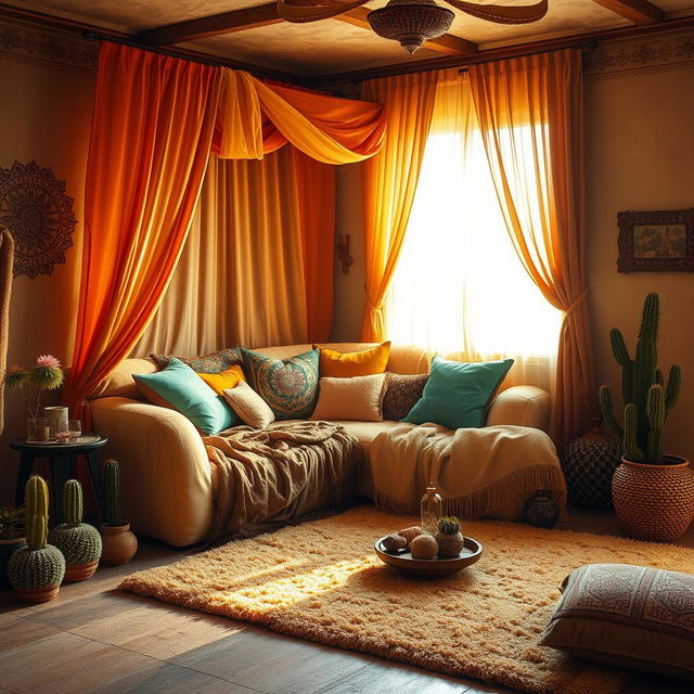 A fantasy-themed bedroom with a cozy desert ambiance