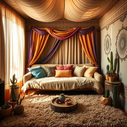 A fantasy-themed bedroom with a cozy desert ambiance