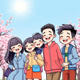 A vibrant and playful cartoon-style illustration featuring two Korean girls and two Korean boys, all dressed in colorful, modern outfits
