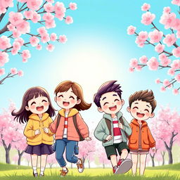 A vibrant and playful cartoon-style illustration featuring two Korean girls and two Korean boys, all dressed in colorful, modern outfits