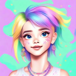 A playful, high-quality digital art portrait of a vibrant, youthful individual with sparkling eyes, colorful trendy hair, and unique accessories