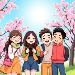 A vibrant and playful cartoon-style illustration featuring two Korean girls and two Korean boys, all dressed in colorful, modern outfits