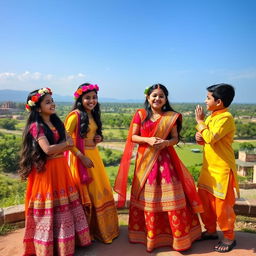 A vibrant and lively scene featuring two Indian girls and two boys, dressed in colorful traditional attire