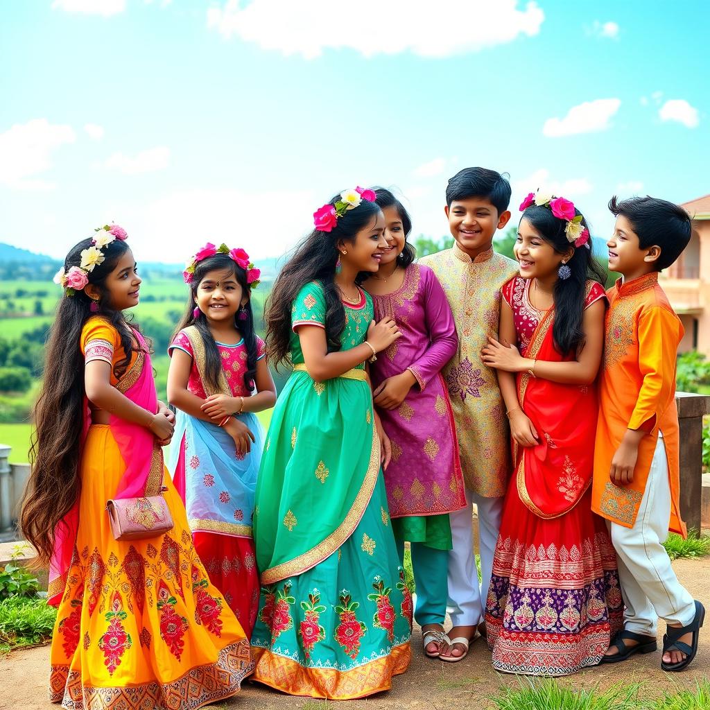 A vibrant and lively scene featuring two Indian girls and two boys, dressed in colorful traditional attire