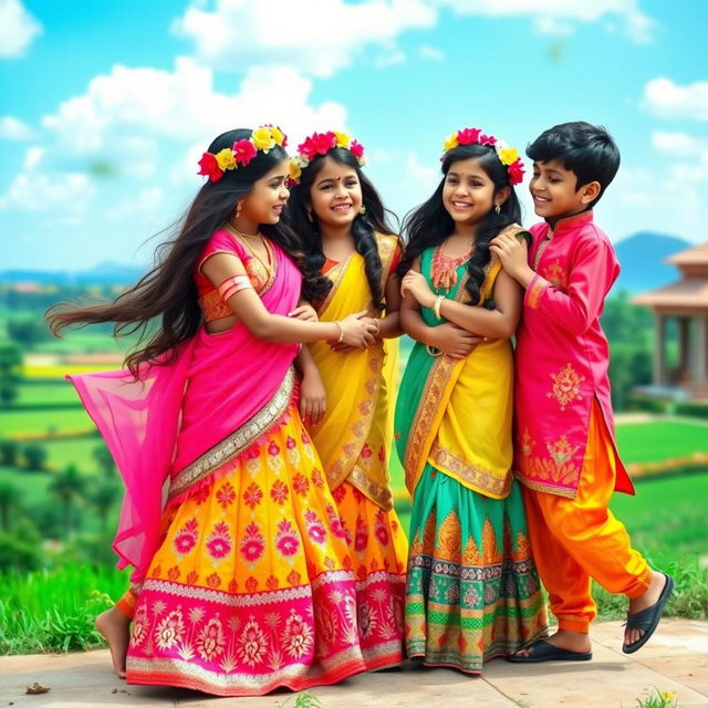 A vibrant and lively scene featuring two Indian girls and two boys, dressed in colorful traditional attire