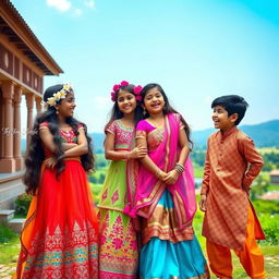 A vibrant and lively scene featuring two Indian girls and two boys, dressed in colorful traditional attire